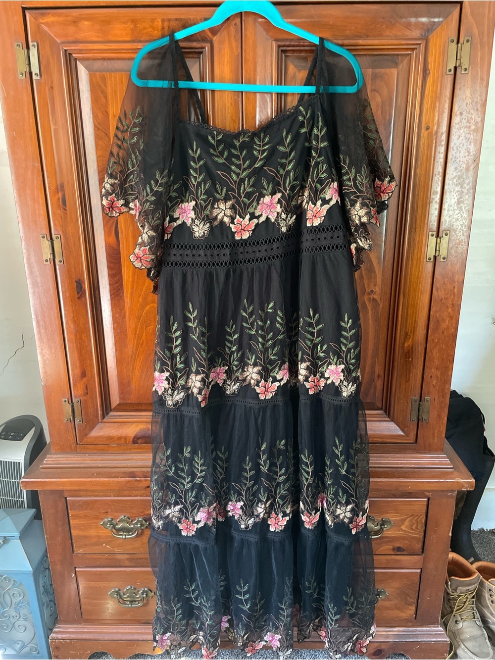 Black Embroidered Floral Off-Shoulder Maxi Dress